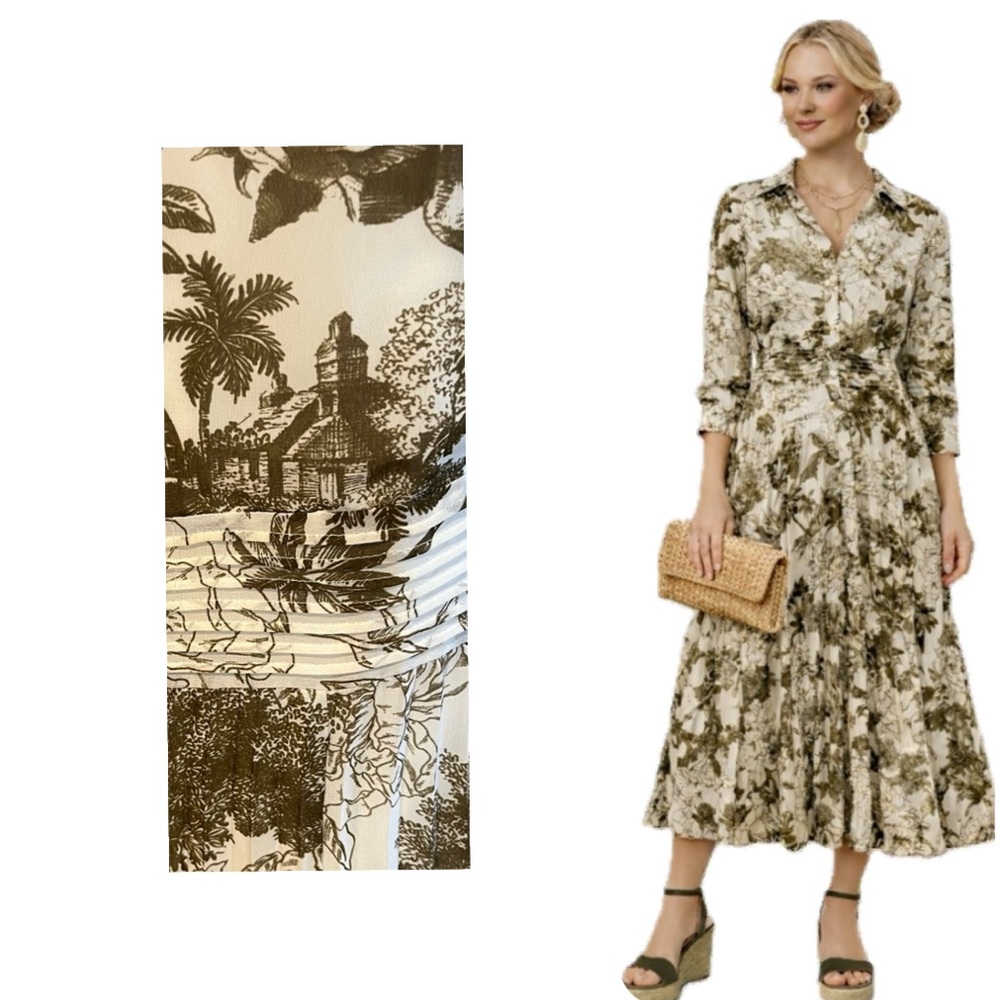 G.I.L.I., Olive Toile Floral Button Front Midi Dress Pleated Waist,  Size 14